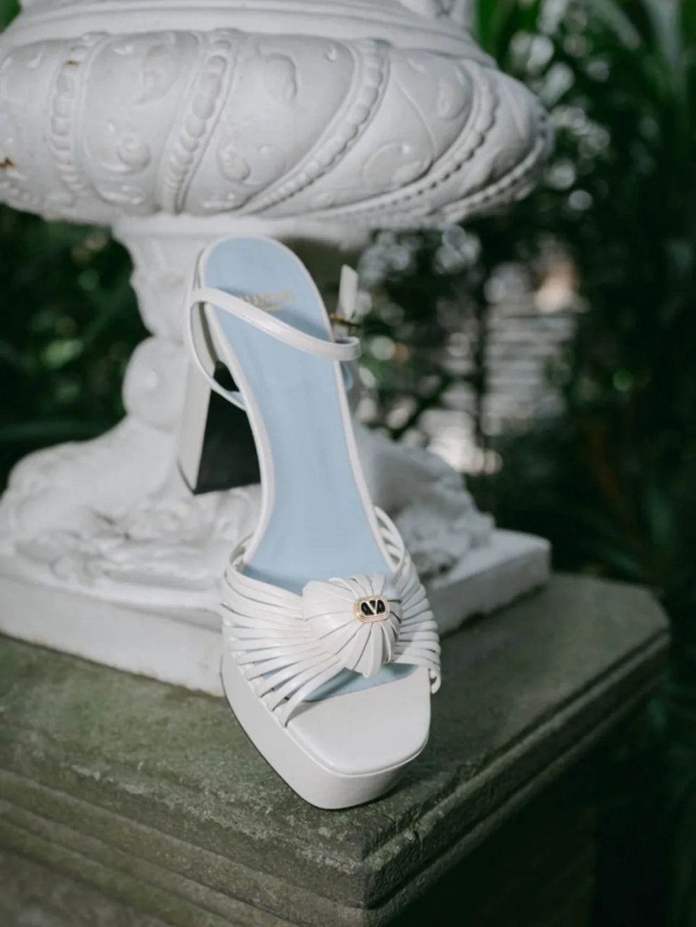 Valentino Cream Leather Knotted Open-Toe Block Heel Sandals